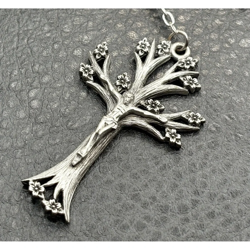 Dogwood Tree Pink Glass Rosary Bead Necklace Cross Pendant Silver Tone Boho